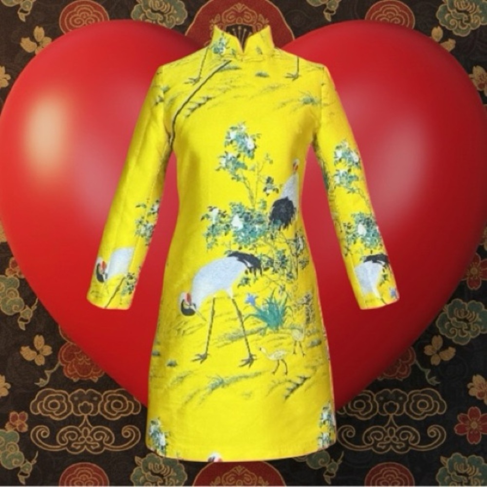 Yellow Crane Floral Print Cheongsam Qipao Mandarin Collar Min Dress Size M